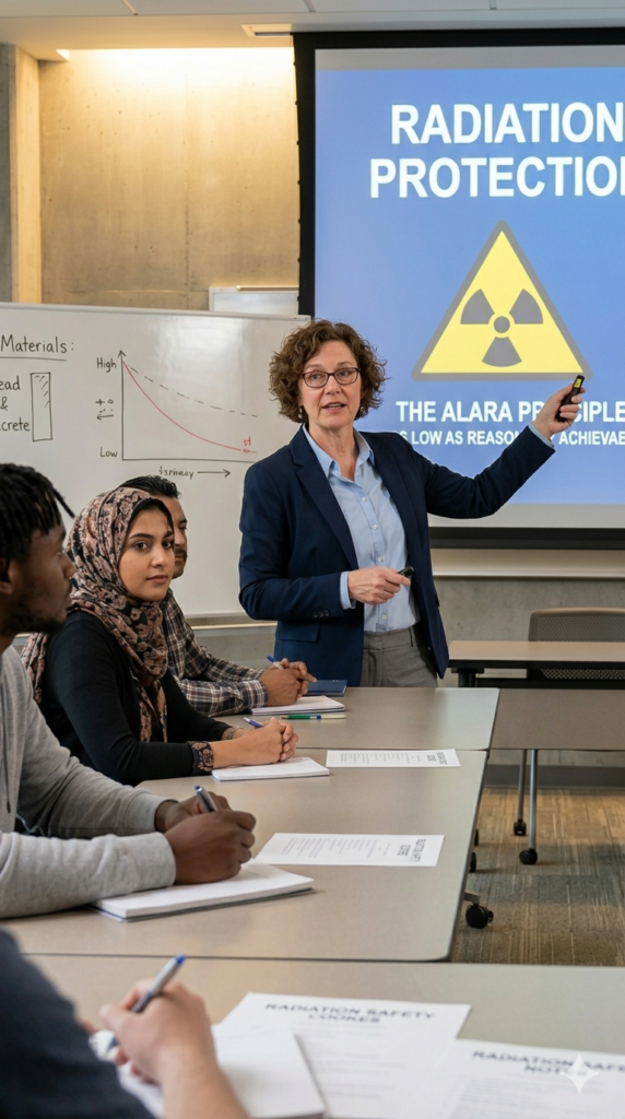 A middle-aged woman with curly hair and glasses, wearing a navy blazer, presents from a projector screen in a classroom, pointing with a device while attendees in the foreground take notes.