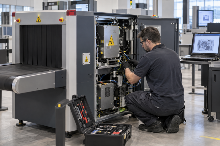 A detailed view of an open industrial X-ray machine showing its internal components and a technician using a tool.